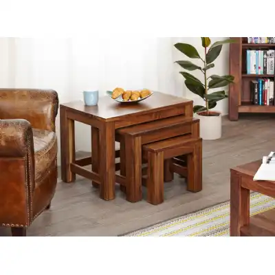 Solid Walnut Nest of 3 Coffee Tables in Dark Wood Finish Square Legs