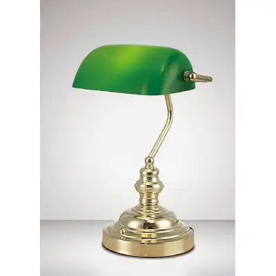 Morgan Bankers Table Lamp 1 Light E27 Polished Brass Green Glass