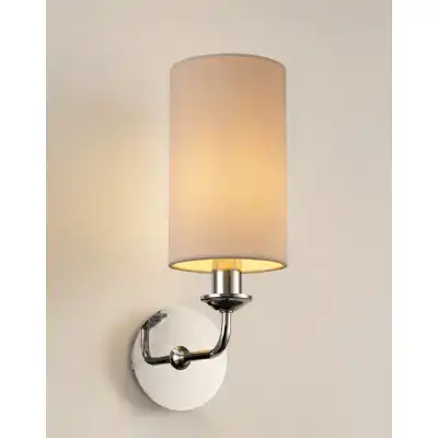 Banyan 1 Light Switched Wall Lamp, E14 Polished Chrome c w 120mm Dual Faux Silk Shade, Nude Beige Moonlight