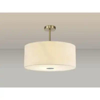 Baymont Antique Brass 5 Light E27 Semi Flush Fixture c w 600 Faux Silk Fabric Shade, Ivory Pearl White Laminate And 600mm Frosted PC Acrylic Diffuser