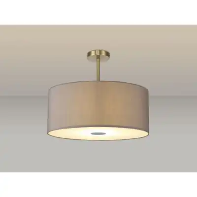 Baymont Antique Brass 5 Light E27 Semi Flush Fixture c w 600 x 220mm Faux Silk Fabric Shade, Grey White Laminate And 600mm Frosted PC Acrylic Diffuser