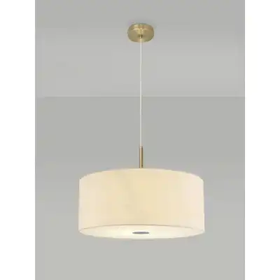 Baymont Antique Brass 3m 5 Light E27 Single Pendant c w 600 Faux Silk Fabric Shade, Ivory Pearl White Laminate And 600mm Frosted PC Acrylic Diffuser