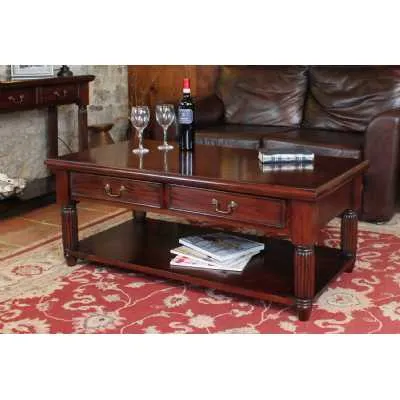 Mahogany Coffee Table With Drawers and Lower Shelf Traditional Dark Wood Finish