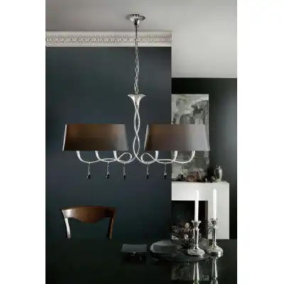 Paola Linear Pendant 2 Arm 6 Light E14, Silver Painted With Black Shades And Black Glass Droplets