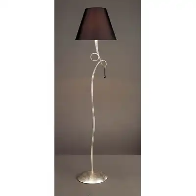 Paola Floor Lamp 1 Light E27, Silver Painted With Black Shade And Black Glass Droplets