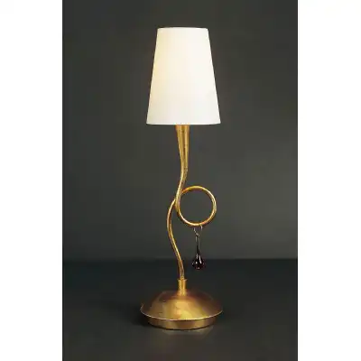Paola Table Lamp 1 Light E14, Gold Painted With Cream Shade And Amber Glass Droplets