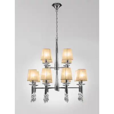 Tiffany Pendant 2 Tier 12+12 Light E14+G9, Polished Chrome With Soft Bronze Shades And Clear Crystal