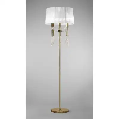 Tiffany Floor Lamp 3+3 Light E27+G9, Antique Brass With White Shade And Clear Crystal