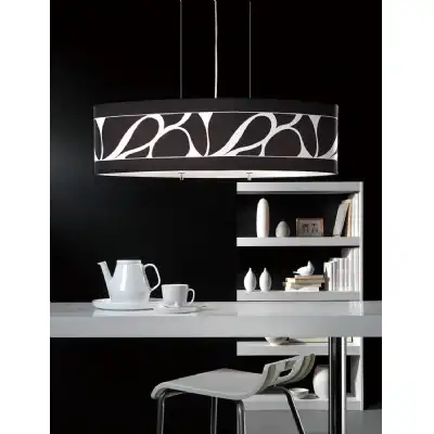 Manhattan Linear Pendant Large 3 Light L1, SGU10, Polished Chrome, Frosted Glass With Black Patterned Shade, CFL Lamps INCLUDED