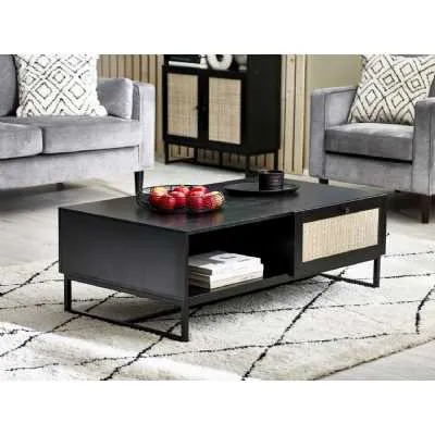 Retro Style Black Wooden Low Coffee Table Industrial Metal Base Rattan Drawer Front