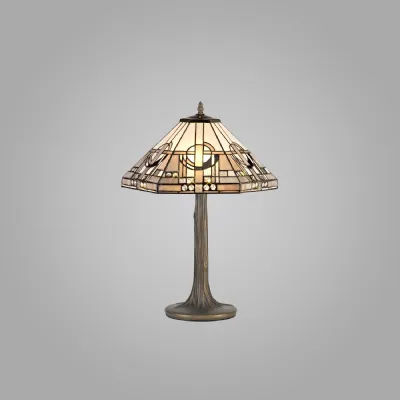 Knebworth 2 Light Tree Like Table Lamp E27 With 40cm Tiffany Shade, White Grey Black Clear Crystal Aged Antique Brass
