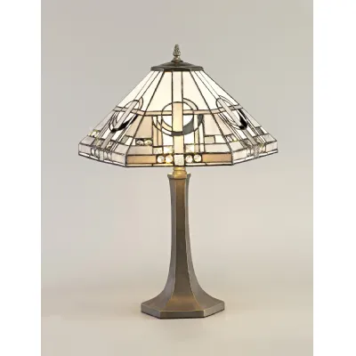 Knebworth 2 Light Octagonal Table Lamp E27 With 40cm Tiffany Shade, White Grey Black Clear Crystal Aged Antique Brass