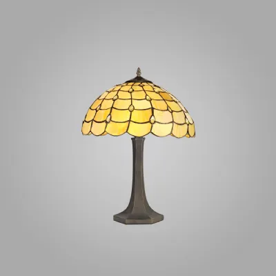 Stratford 2 Light Octagonal Table Lamp E27 With 40cm Tiffany Shade, Beige Clear Crystal Aged Antique Brass