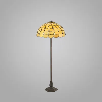 Stratford 2 Light Octagonal Floor Lamp E27 With 50cm Tiffany Shade, Beige Clear Crystal Aged Antique Brass
