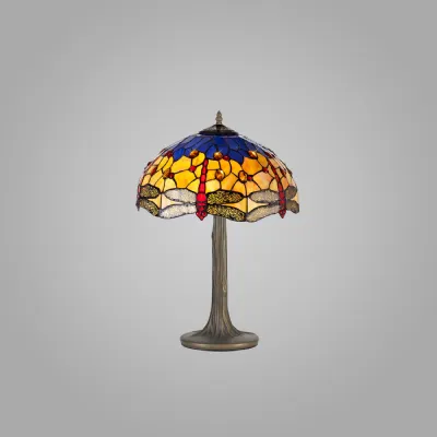 Hitchin 2 Light Tree Like Table Lamp E27 With 40cm Tiffany Shade, Blue Orange Crystal Aged Antique Brass