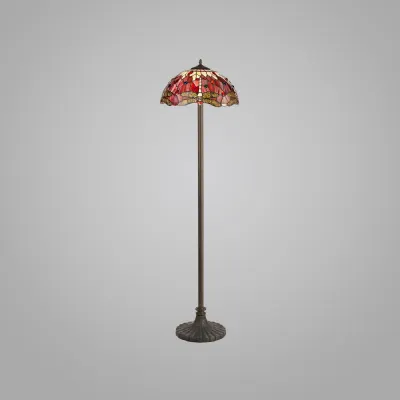 Hitchin 2 Light Stepped Design Floor Lamp E27 With 40cm Tiffany Shade, Purple Pink Crystal Aged Antique Brass