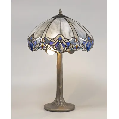 Ardingly 2 Light Tree Like Table Lamp E27 With 40cm Tiffany Shade, Blue Clear Crystal Aged Antique Brass