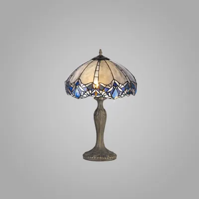 Ardingly 2 Light Curved Table Lamp E27 With 40cm Tiffany Shade, Blue Clear Crystal Aged Antique Brass