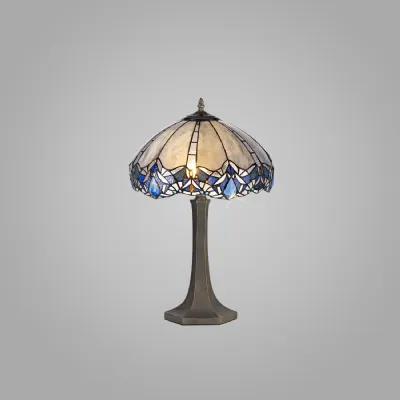 Ardingly 2 Light Octagonal Table Lamp E27 With 40cm Tiffany Shade, Blue Clear Crystal Aged Antique Brass