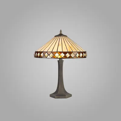 Rayleigh 2 Light Octagonal Table Lamp E27 With 40cm Tiffany Shade, Amber Cream Crystal Aged Antique Brass