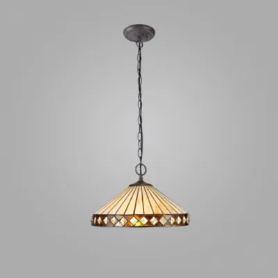 Rayleigh 2 Light Downlighter Pendant E27 With 40cm Tiffany Shade, Amber Cream Crystal Aged Antique Brass