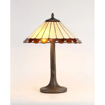 Ware 2 Light Curved Table Lamp E27 With 40cm Tiffany Shade, Amber Cream Crystal Aged Antique Brass