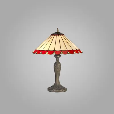 Ware 2 Light Curved Table Lamp E27 With 40cm Tiffany Shade, Red Cream Crystal Aged Antique Brass