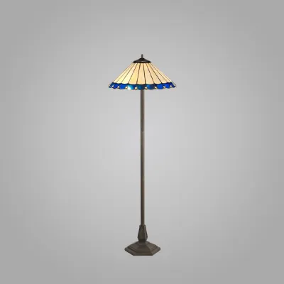Ware 2 Light Octagonal Floor Lamp E27 With 40cm Tiffany Shade, Blue Cream Crystal Aged Antique Brass