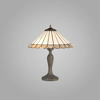 Ware 2 Light Curved Table Lamp E27 With 40cm Tiffany Shade, Grey Cream Crystal Aged Antique Brass