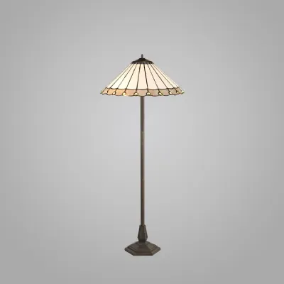 Ware 2 Light Octagonal Floor Lamp E27 With 40cm Tiffany Shade, Grey Cream Crystal Aged Antique Brass