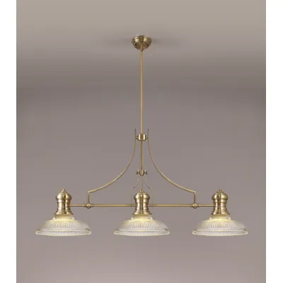 Sandy 3 Light Linear Pendant E27 With 30cm Round Glass Shade, Antique Brass, Clear