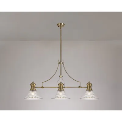 Sandy 3 Light Linear Pendant E27 With 30cm Bell Glass Shade, Antique Brass, Clear
