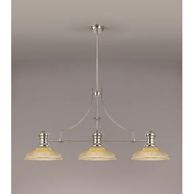 Sandy 3 Light Linear Pendant E27 With 30cm Round Glass Shade, Polished Nickel, Amber