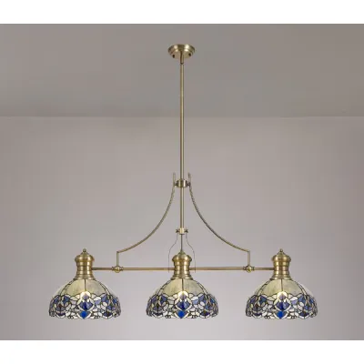 Antique Brass and Blue 3 Light Linear Pendant Tiffany Shades