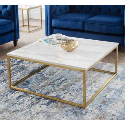 Gold and White Marble Coffee Table 90cm Square Gold Metal Frame