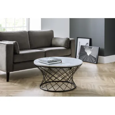 Round Real Marble Coffee Table Black Wire Metal Base