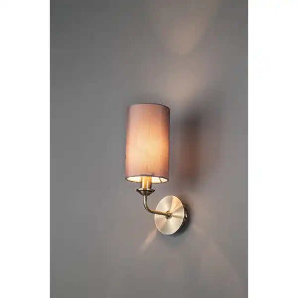 Banyan 1 Light Switched Wall Lamp, E14 Antique Brass c w 120mm Faux Silk Shade, Grey