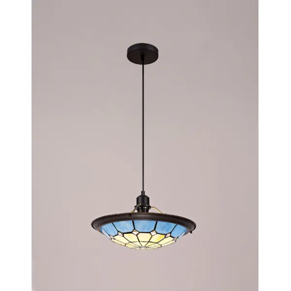 Hampshire 1 Light Pendant E27 With 35cm Tiffany Shade, Cream Rich Blue Clear Crystal Centre Aged Antique Brass Trim Black
