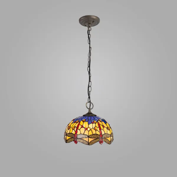 Hitchin 3 Light Downlighter Pendant E27 With 30cm Tiffany Shade, Blue Orange Crystal Aged Antique Brass