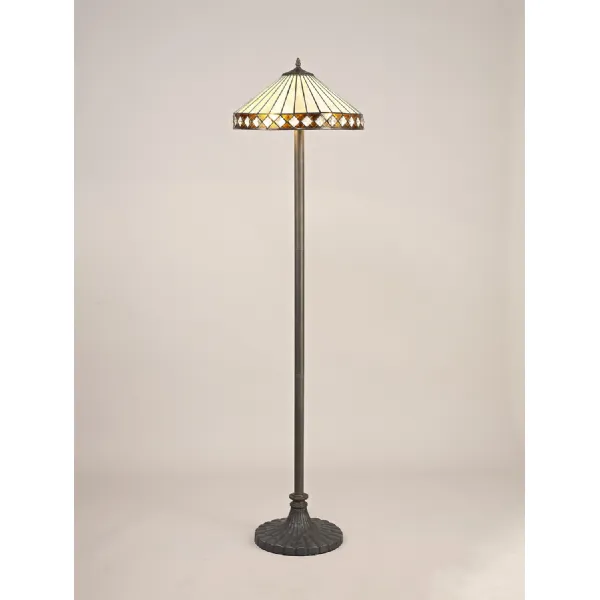 Rayleigh 2 Light Stepped Design Floor Lamp E27 With 40cm Tiffany Shade, Amber Cream Crystal Aged Antique Brass