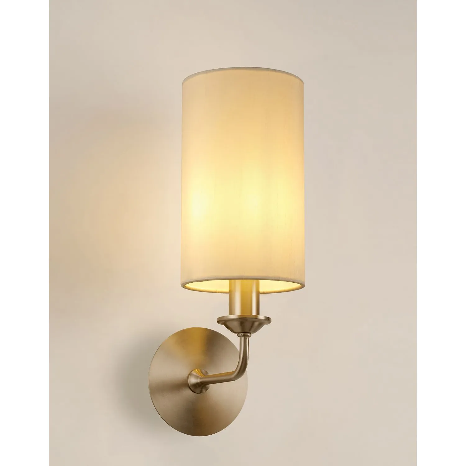Banyan 1 Light Switched Wall Lamp, E14 Satin Nickel c w 120mm Faux Silk Shade, Ivory Pearl White Laminate