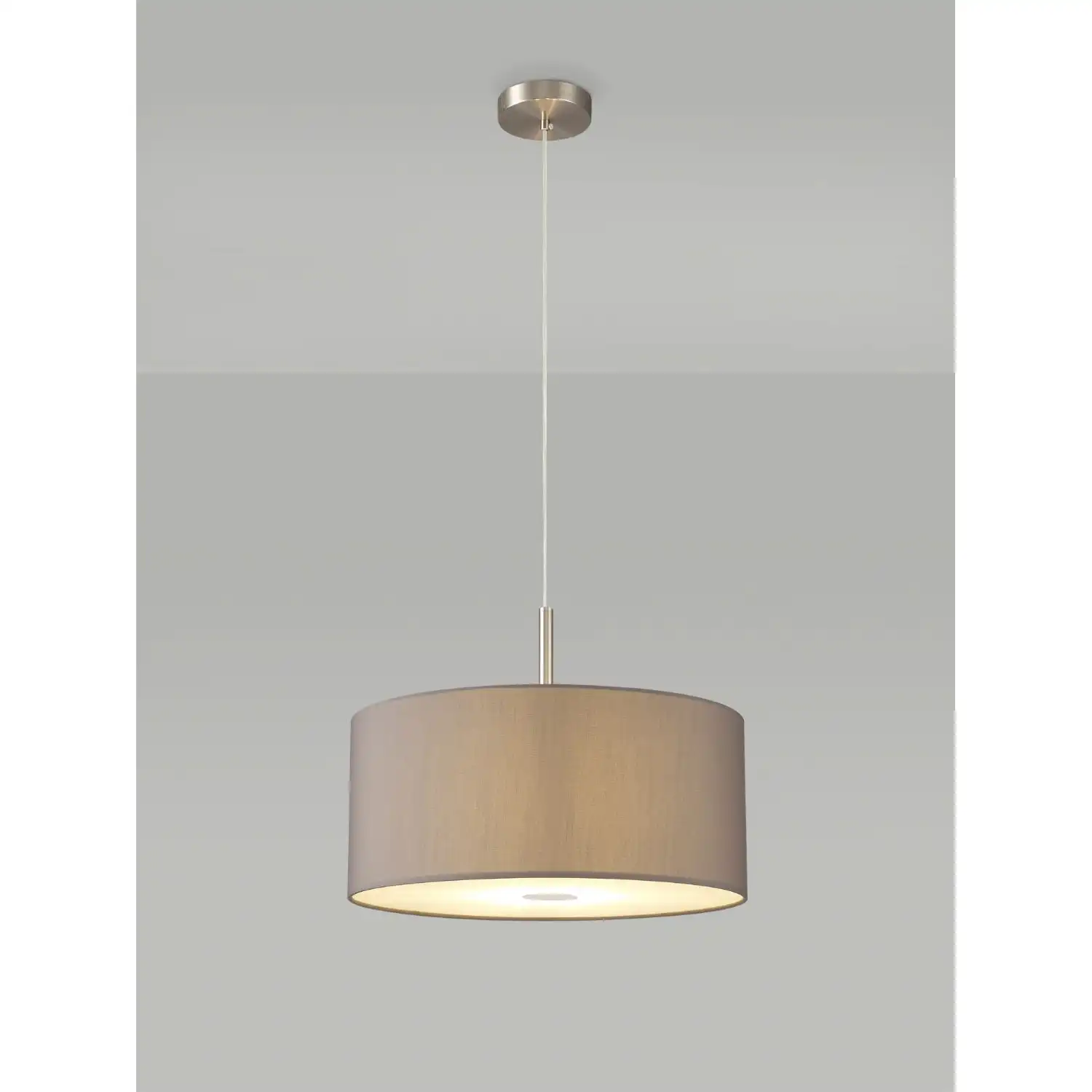 Baymont Satin Nickel 3m 3 Light E27 Single Pendant c w 400mm Faux Silk Shade, Grey White Laminate And 400mm Frosted SN Acrylic Diffuser