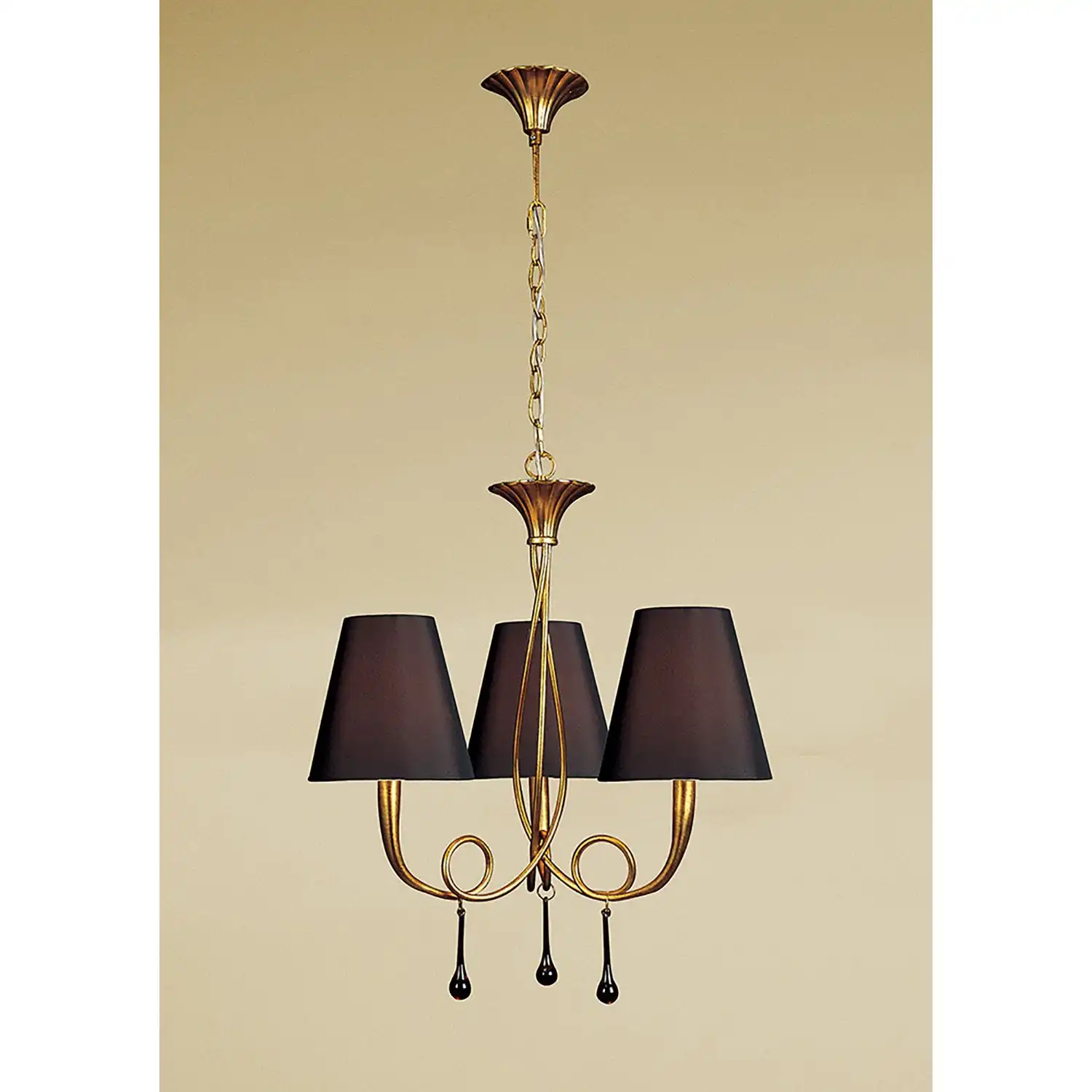 Paola Pendant 3 Light E14, Gold Painted With Black Shades And Amber Glass Droplets