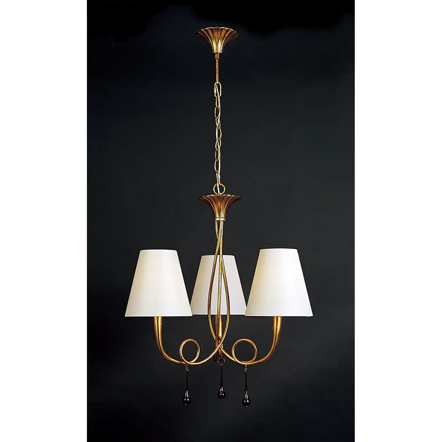 Paola Pendant 3 Light E14, Gold Painted With Cream Shades And Amber Glass Droplets