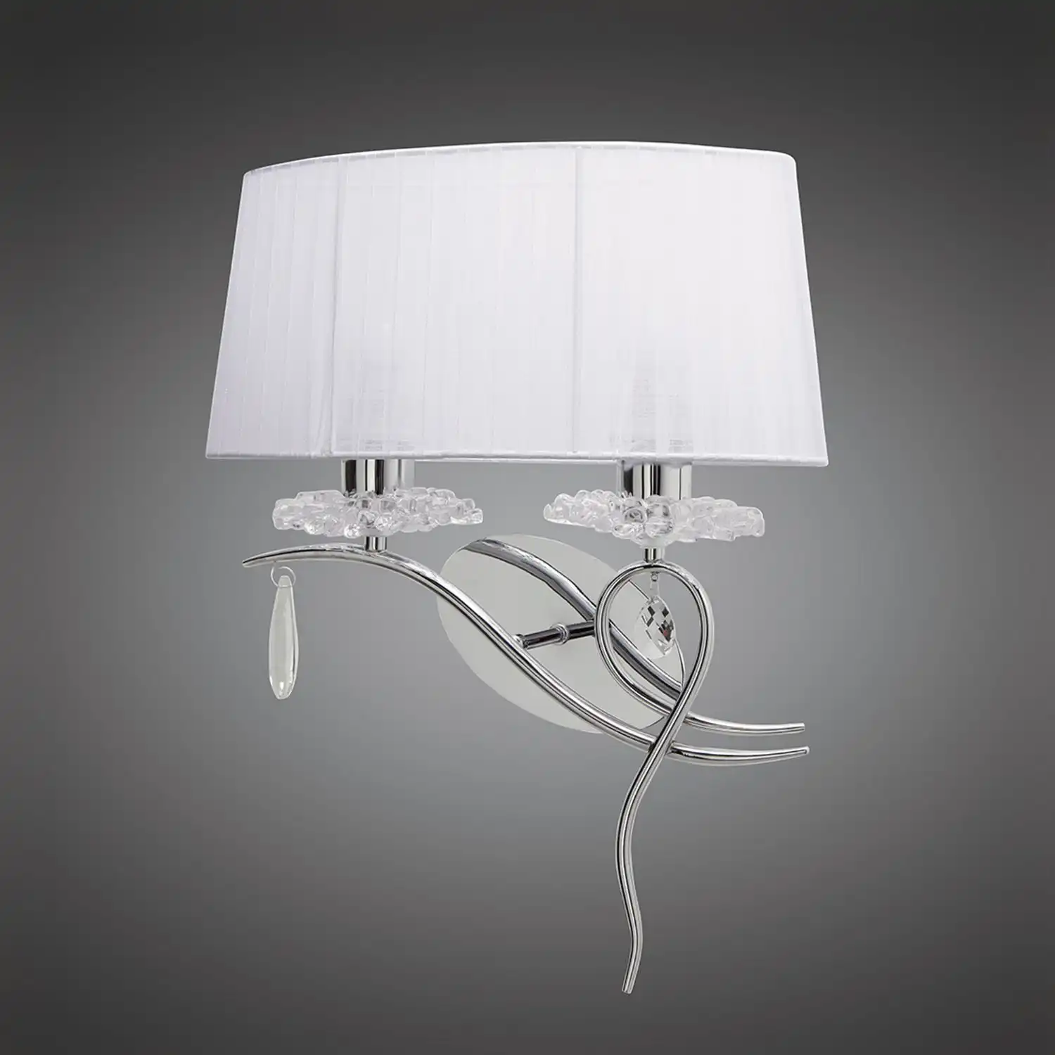 Louise Wall Lamp Left 2 Light E27 With White Shade Polished Chrome Clear Crystal