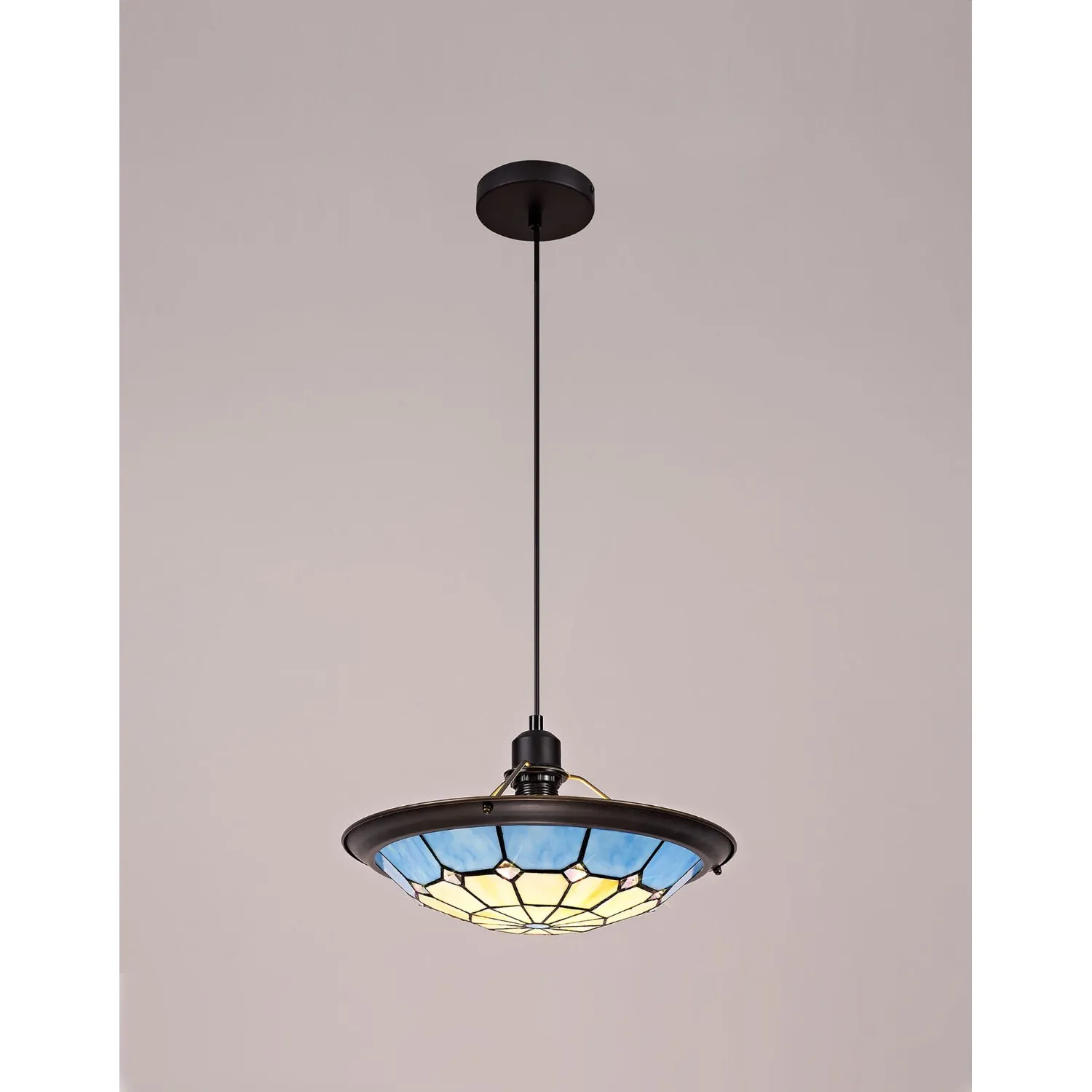 Hampshire 1 Light Pendant E27 With 35cm Tiffany Shade, Cream Rich Blue Clear Crystal Centre Aged Antique Brass Trim Black