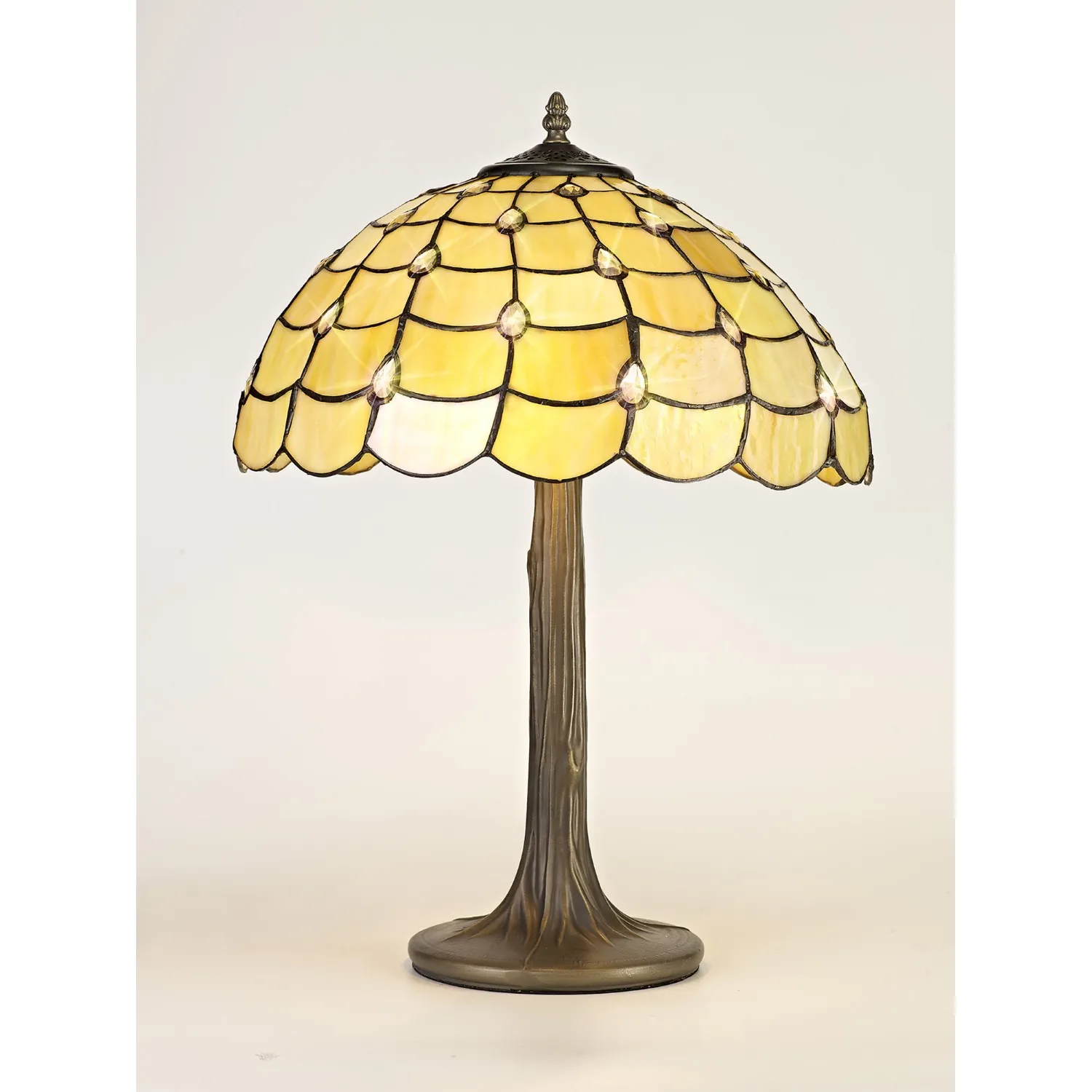 Stratford 2 Light Tree Like Table Lamp E27 With 40cm Tiffany Shade, Beige Clear Crystal Aged Antique Brass