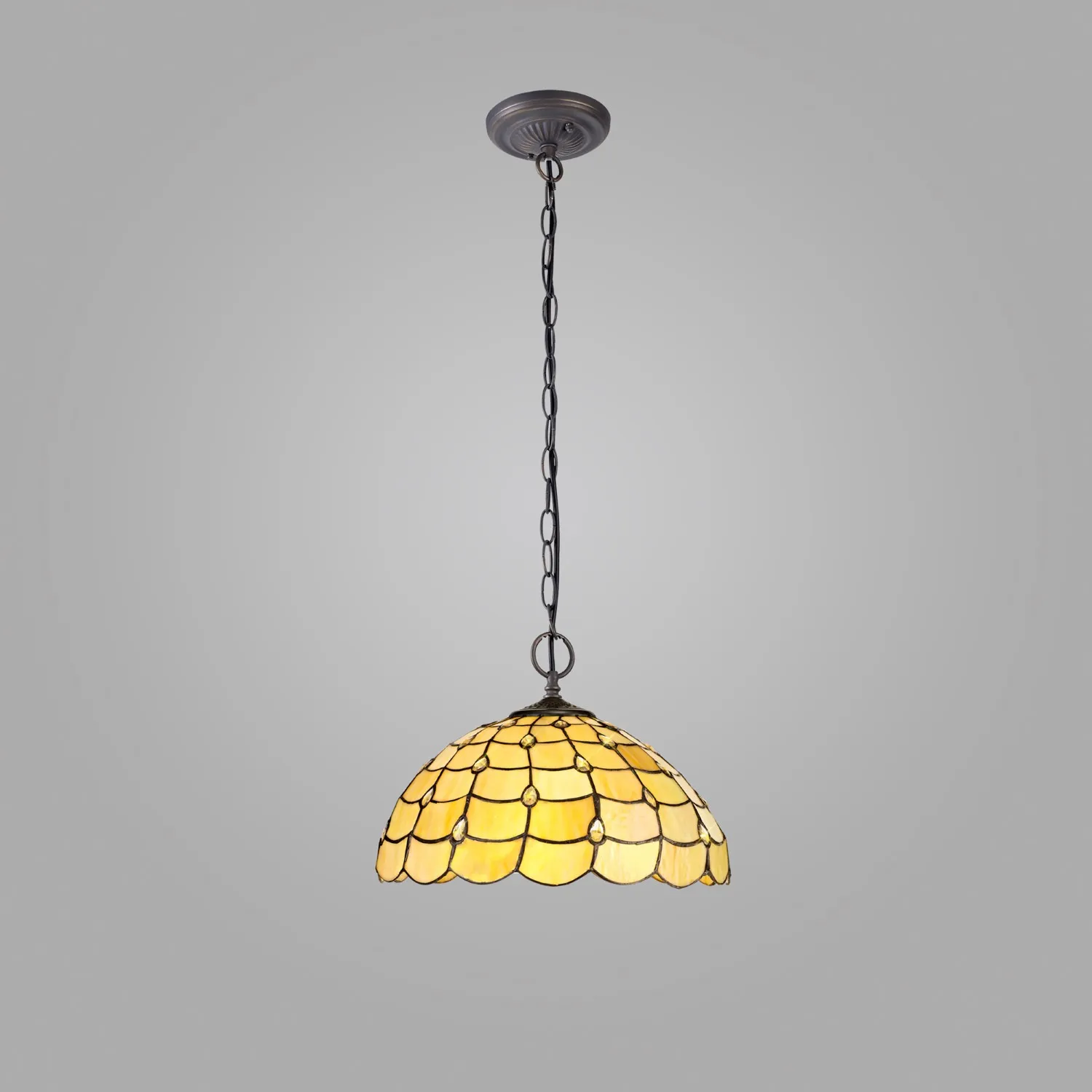 Stratford 2 Light Downlighter Pendant E27 With 40cm Tiffany Shade, Beige Clear Crystal Aged Antique Brass