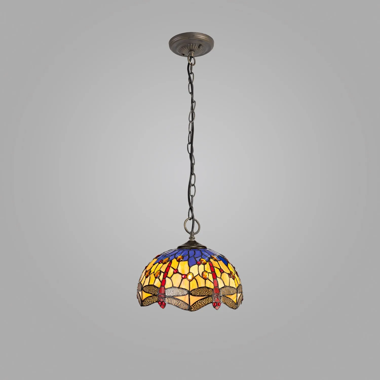 Hitchin 3 Light Downlighter Pendant E27 With 30cm Tiffany Shade, Blue Orange Crystal Aged Antique Brass