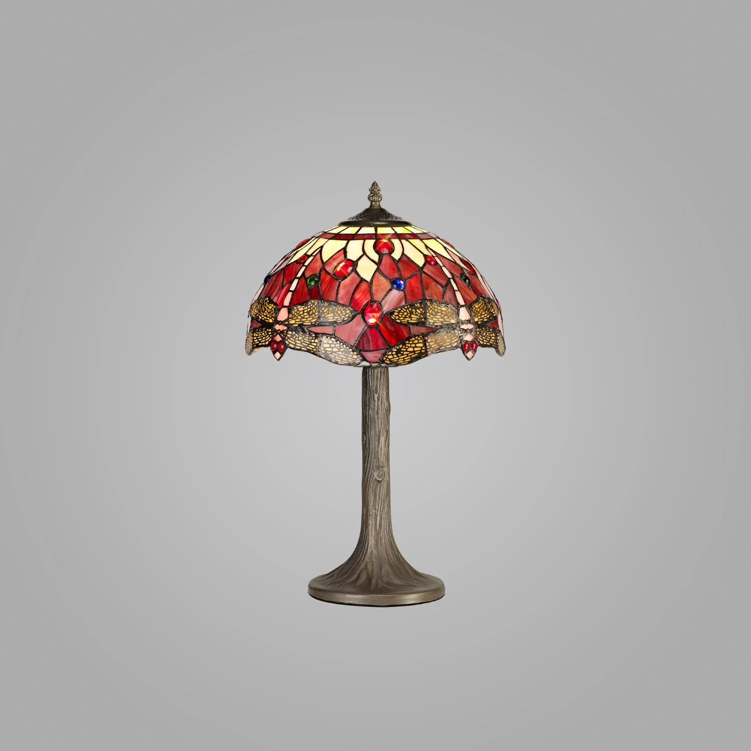 Hitchin 1 Light Tree Like Table Lamp E27 With 30cm Tiffany Shade, Purple Pink Crystal Aged Antique Brass